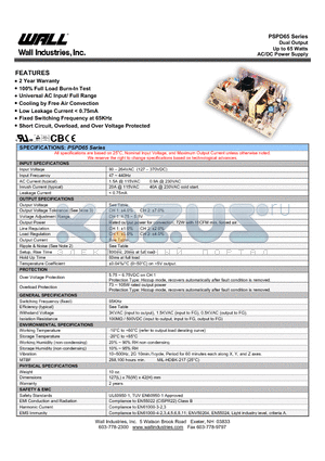 PSPD-65B datasheet - Dual Output Up to 65 Watts AC/DC Power Supply