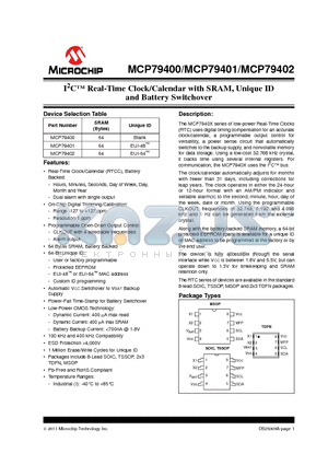 MCP79401 datasheet - I2C Real-Time Clock/Calendar with SRAM, Unique ID and Battery Switchover