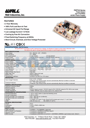 PSPT-45A datasheet - Triple Output Up to 45 Watts AC/DC Power Supply