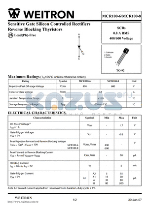 MCR100-8 datasheet - Sensitive Gate Silicon Controlled Rectifiers Reverse Blocking Thyristors