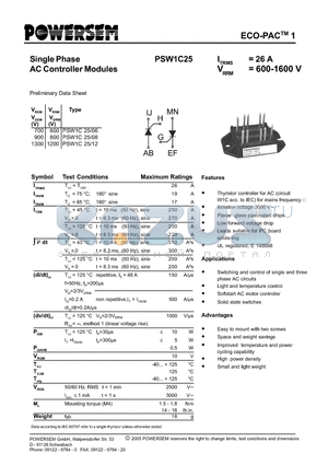 PSW1C25 datasheet - Single Phase AC Controller Modules