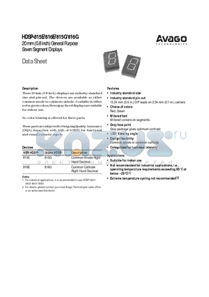 HDSP-816E datasheet - 20 mm (0.8 inch) General Purpose Seven Segment Displays