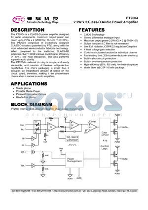 PT2004 datasheet - 2.2W x 2 Class-D Audio Power Amplifier