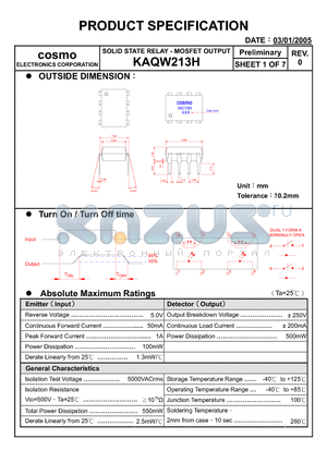 KAQW213H datasheet - SOLID STATE RELAY - MOSFET OUTPUT