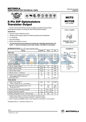 MCT2 datasheet - 6-Pin DIP Optoisolators Transistor Output