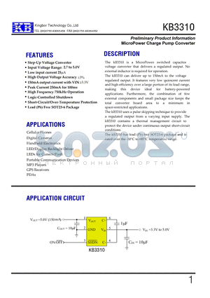 KB3310GRE datasheet - Preliminary Product Information MicroPower Charge Pump Converter