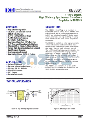 KB3361 datasheet - 1.4MHz 800mA High Efficiency Synchronous Step-Down Regulator in SOT23-5