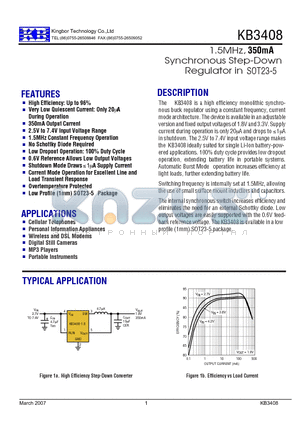 KB3408 datasheet - 1.5MHz,350mA Synchronous Step-Down Regulator in SOT23-5