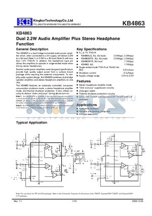 KB4863N datasheet - Dual 2.2W Audio Amplifier Plus Stereo Headphone Function