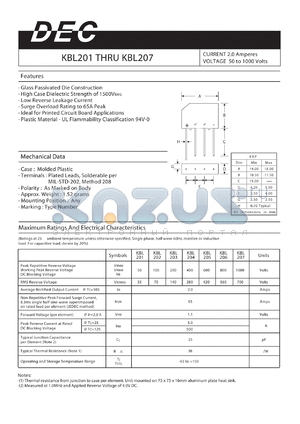 KBL203 datasheet - CURRENT 2.0 Amperes VOLTAGE 50 to 1000 Volts