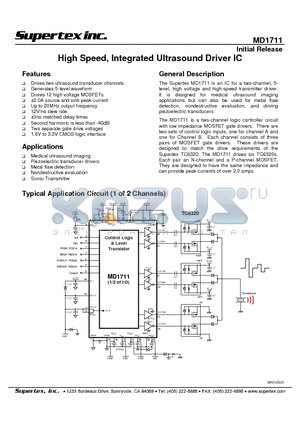 MD1711 datasheet - HIGH SPEED INTEGRATED ULTRASOUND DRIVER IC