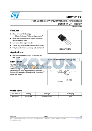 MD2001FX datasheet - High voltage NPN Power transistor for standard Definition CRT display