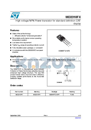 MD2310FX datasheet - High voltage NPN Power transistor for standard definition CRT display
