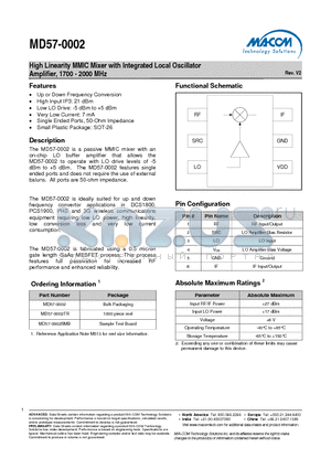 MD57-0002TR datasheet - High Linearity MMIC Mixer with Integrated Local Oscillator Amplifier, 1700 - 2000 MHz