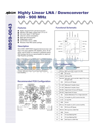 MD59-0043TR datasheet - Highly Linear LNA/Downconverter 800-900 MHz
