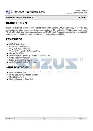 PT2264 datasheet - Remote Control Encoder IC