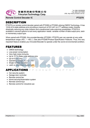 PT2270-L3 datasheet - Remote Control Decoder IC