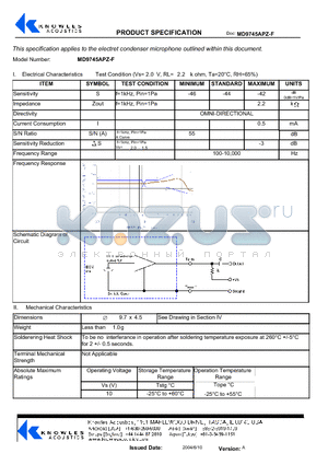 MD9745APZ-F datasheet - Electrical Characteristics Test Condition (Vs= 2 . 0 V, RL= 2 . 2 k ohm, Ta=20`C, RH=65%)