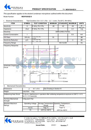 MD9765ASZ-0 datasheet - Electrical Characteristics Test Condition (Vs= 3 . 0 V, RL= 2 . 2 k ohm, Ta=20`C, RH=65%)