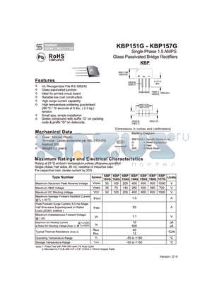 KBP156G datasheet - Single Phase 1.5 AMPS. Glass Passivated Bridge Rectifiers