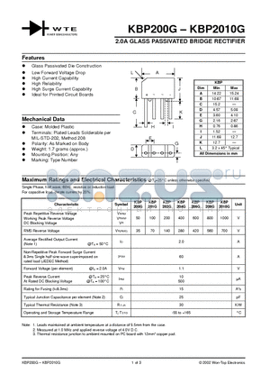 KBP200G datasheet - 2.0A GLASS PASSIVATED BRIDGE RECTIFIER