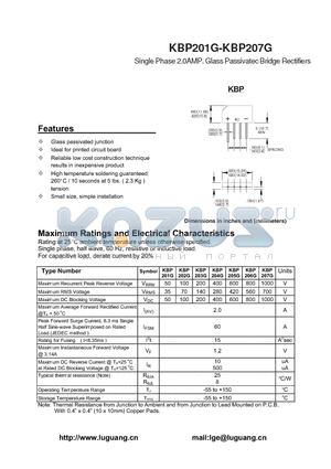 KBP204G datasheet - Single Phase 2.0AMP. Glass Passivatec Bridge Rectifiers