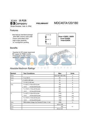 MDC40TA180 datasheet - Diode Modules Add-A Pak