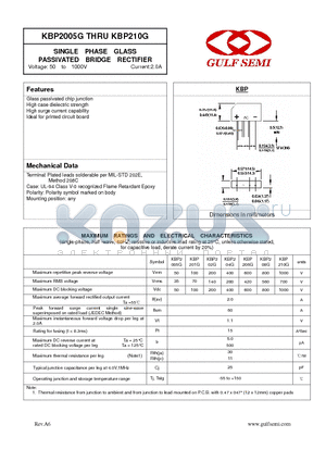 KBP208G datasheet - SINGLE PHASE GLASS PASSIVATED BRIDGE RECTIFIER Voltage: 50 to 1000V Current:2.0A