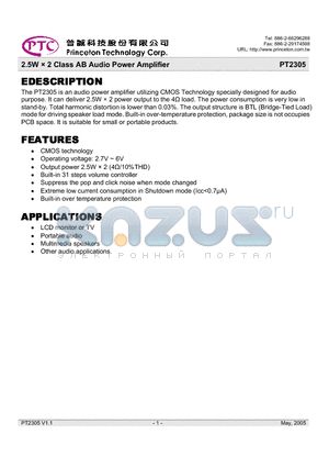 PT2305-S datasheet - 2.5W  2 Class AB Audio Power Amplifier