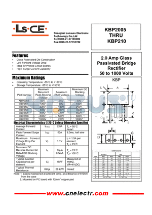 KBP210 datasheet - 2.0Amp glass passivated bridge rectifier 50to1000 volts