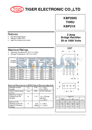 KBP210 datasheet - 2 Amp Bridge Rectifier 50 to 1000 Volts