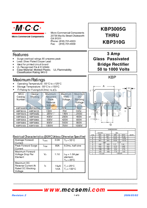 KBP3005G datasheet - 3 Amp Glass Passivated Bridge Rectifier 50 to 1000 Volts