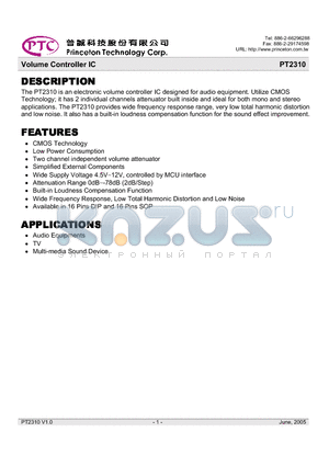 PT2310 datasheet - Volume Controller IC