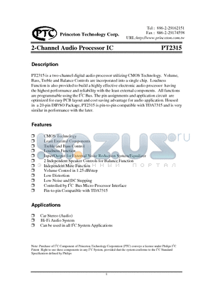 PT2315 datasheet - 2-Channel Audio Processor IC
