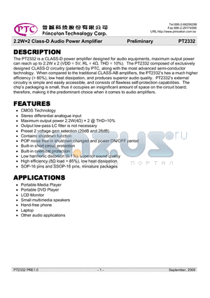 PT2332 datasheet - 2.2W2 Class-D Audio Power Amplifier