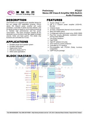 PT2337 datasheet - Stereo 2W Class-D Amplifier With Built-In Audio Processor