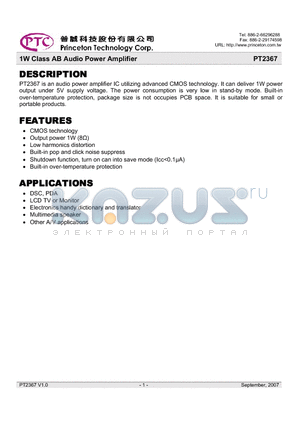 PT2367 datasheet - 1W Class AB Audio Power Amplifier