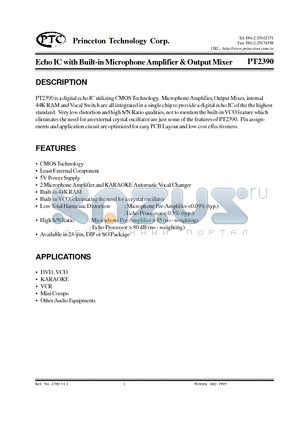 PT2390 datasheet - Echo IC with Built-in Microphone Amplifier & Output Mixer