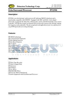 PT2398 datasheet - Echo/Surround Processor