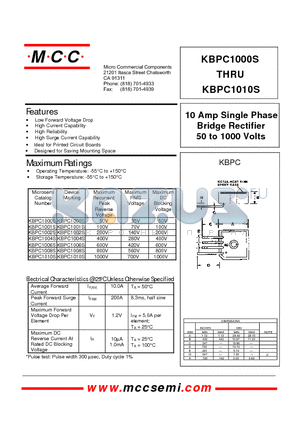 KBPC1001S datasheet - 10 Amp Single Phase Bridge Rectifier 50 to 1000 Volts