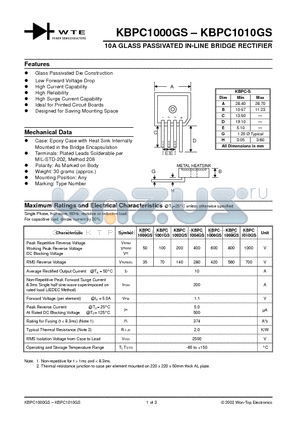 KBPC1002GS datasheet - 10A GLASS PASSIVATED IN-LINE BRIDGE RECTIFIER