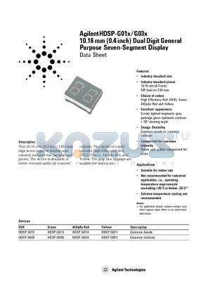 HDSP-G03Y datasheet - Agilent HDSP-G01x/G03x 10.16 mm (0.4 inch) Dual Digit General Purpose Seven-Segment Display