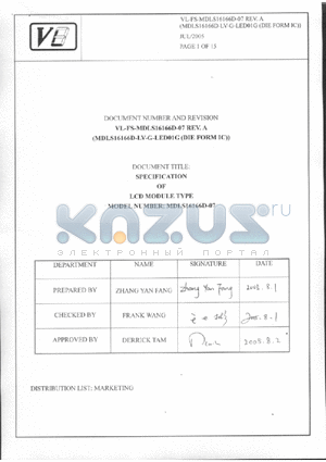 MDLS16166D-LV-G-LED01G datasheet - SPECIFICATION OF LCD MODULE TYPE