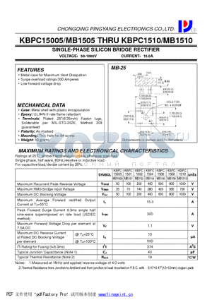 KBPC1508-MB158 datasheet - SINGLE-PHASE SILICON BRIDGE RECTIFIER