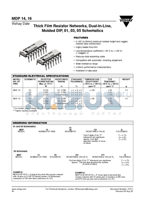 MDP16 datasheet - Thick Film Resistor Networks, Dual-In-Line, Molded DIP, 01, 03, 05 Schematics