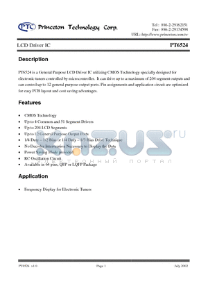 PT6524 datasheet - LCD Driver IC