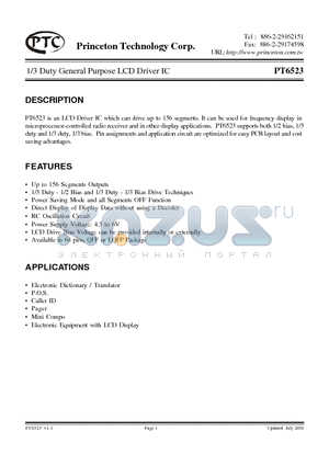 PT6523 datasheet - 1/3 Duty General Purpose LCD Driver IC