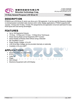 PT6523 datasheet - 1/3 Duty General Purpose LCD Driver IC