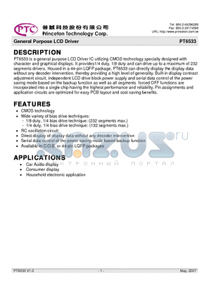 PT6533-H datasheet - General Purpose LCD Driver