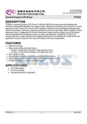 PT6533_10 datasheet - General Purpose LCD Driver